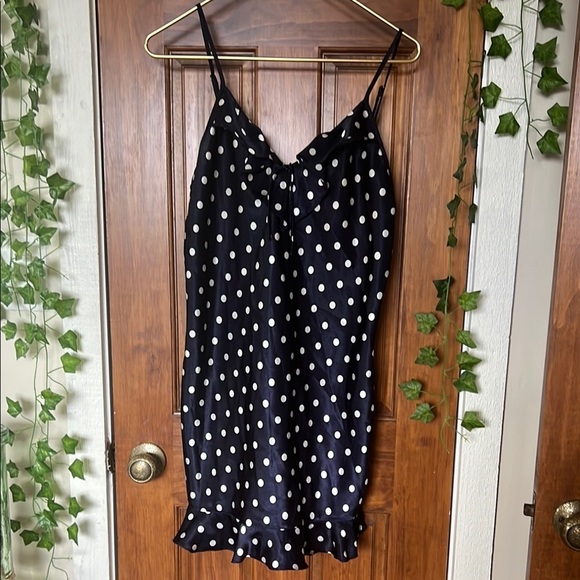 Cinema Etoile Other - Vintage 90s SATIN Polka Dot Ruffle Low V Back Slip Dress in Navy White | M